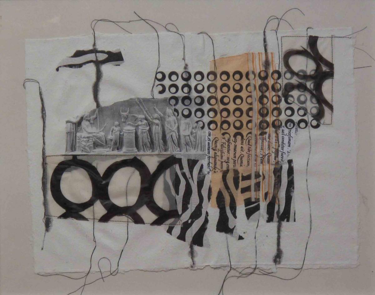 Genähtes V, 2014, Mischtechnik auf selbstgeschöpftem Papier, 38,5 x 48,5 cm